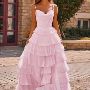 Pink Tiered Ruffle Maxi Dress Slit in time for Prom